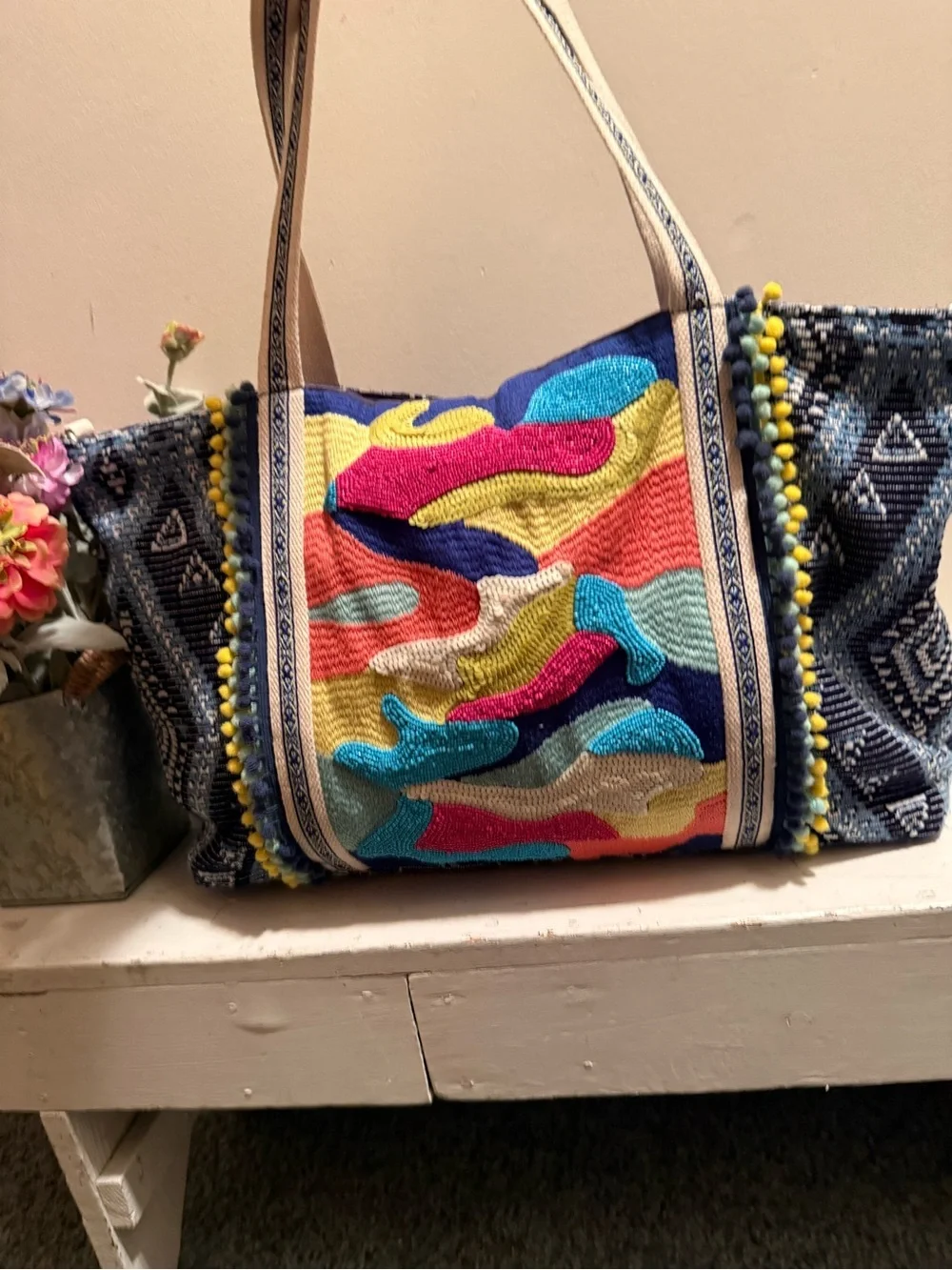 America and Beyond Embellished Sequins And Beads Blue Pink And Yellow Zip Tote